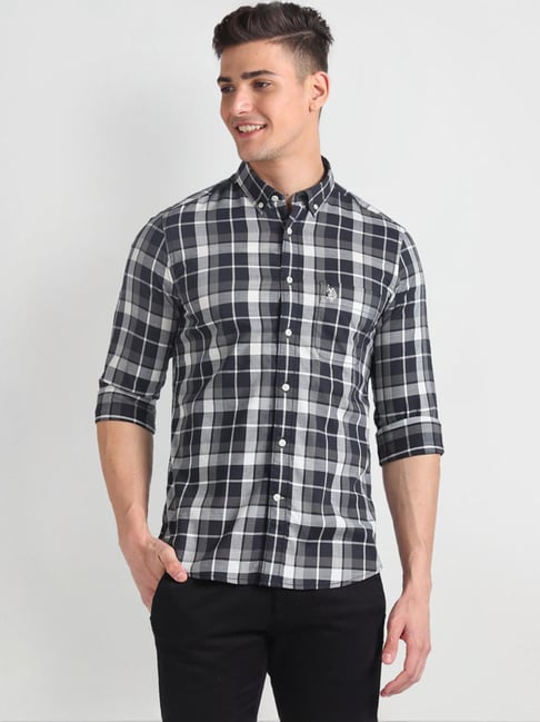 Polo Black Cotton Slim Fit Checks Shirt