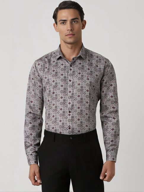 Buy Van Heusen Grey Cotton Slim Fit Printed Shirt for Mens Online