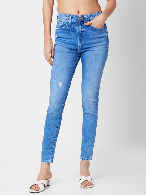 Spykar Light Blue Cotton Distressed High Rise Jeans-picture-41