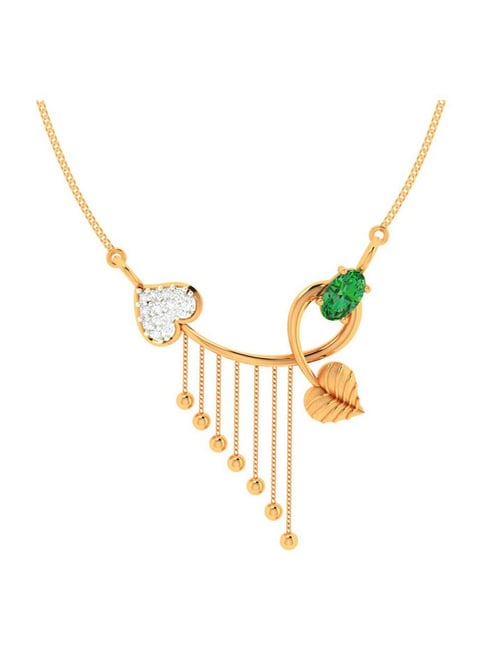 P.C. Chandra Jewellers 18k Yellow Gold Diamond Green Leafy Necklace for Women & Girls