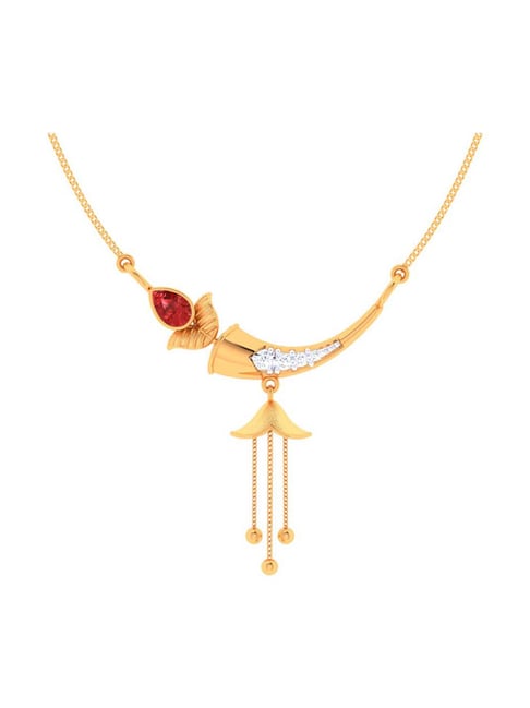 P.C. Chandra Jewellers 14k Yellow Gold Ball Drop Sanai Necklace With Red Stone for Women & Girls