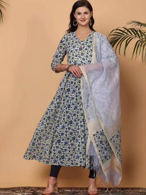 Kaanchie Nanggia White Cotton Printed Anarkali and Dupatta With Leggings