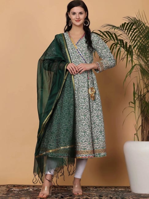 Kaanchie Nanggia White Cotton Printed Anarkali With Green Dupatta And  Leggings