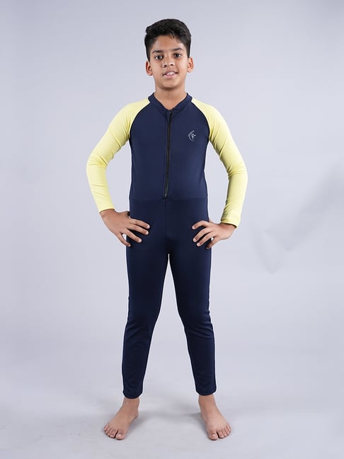 Kiddopanti Kids Navy & Yellow Printed Full Sleeves Swimsuit-picture-15