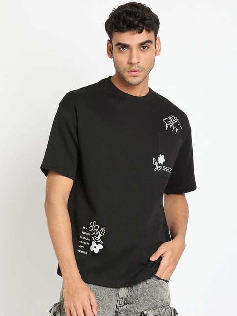 Club York Black Regular Fit Printed Crew T-Shirt