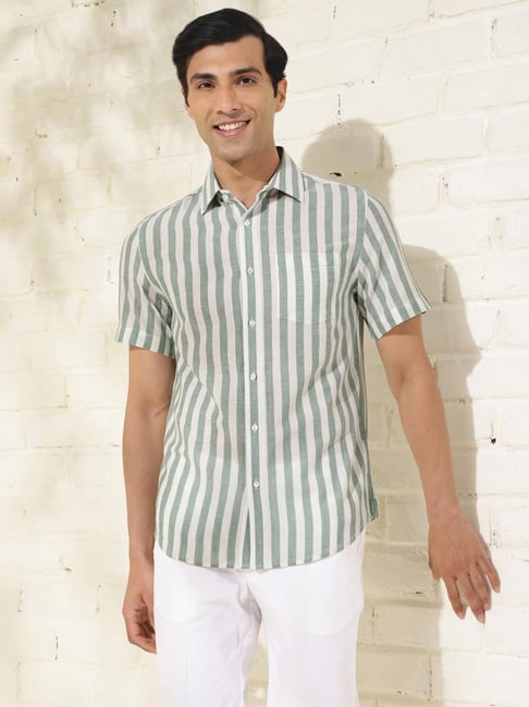 Fabindia White & Green Slim Fit Striped Shirt-picture-34