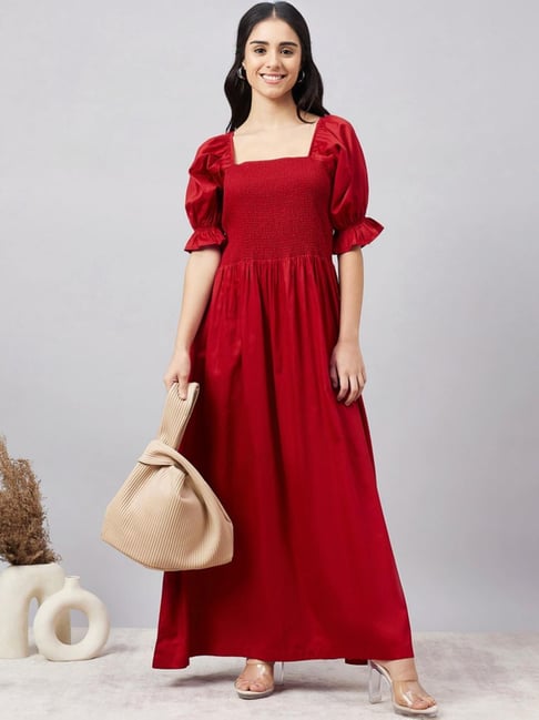 First Resort By Ramola Bachchan Red Smocked Maxi Dress