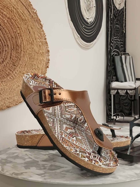 Buy Elle Women's Antique Gold T-Strap Sandals for Women at Best