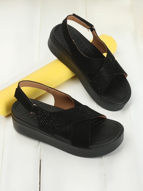 Elle Women's Black Cross Strap Sandals-picture-48