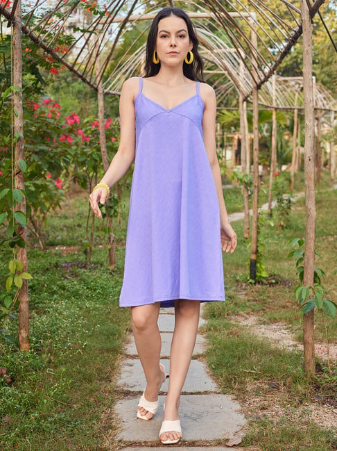 Purvaja Lavender Lavender Knee Length Dress PURVAJA Lavender Knitted  Relaxed Fit A Line Dress