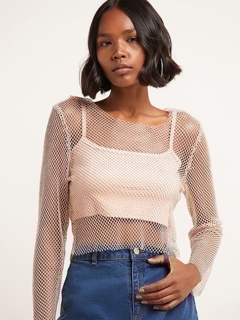 Nuon By Westside Light Pink Embellished Mesh Top With Inner