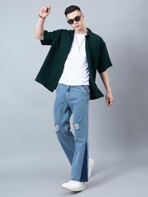CHIMPAAANZEE Dark Green Loose Fit Textured Oversized Shirt