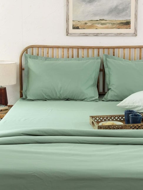 House This Sage Green Cotton 600 TC Double Size Bedsheet With Pillow Covers-picture-25