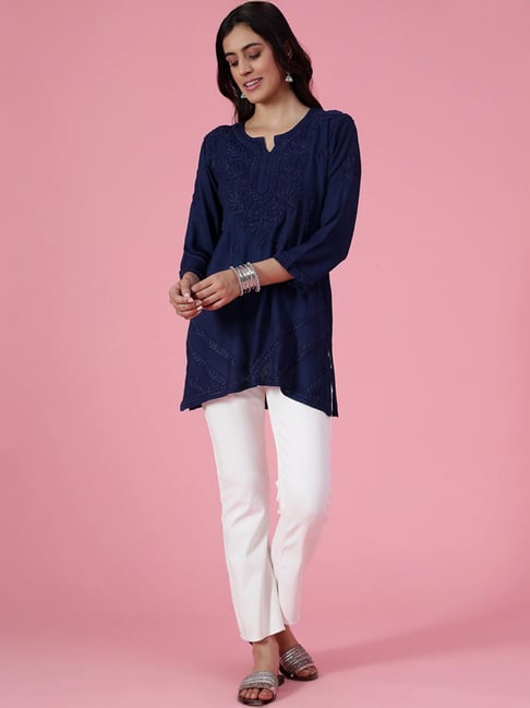 House of Chikankari Navy Embroidered Straight Short Kurti-picture-10