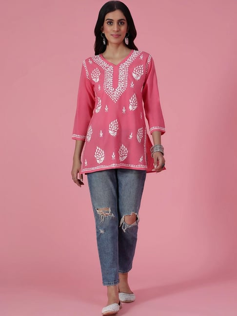 House of Chikankari Pink Embroidered Straight Short Kurti-picture-48