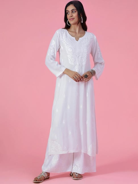 House of Chikankari White Embroidered Straight Kurta-picture-24