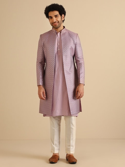 Kisah Purple Regular Fit Printed Sherwani Set