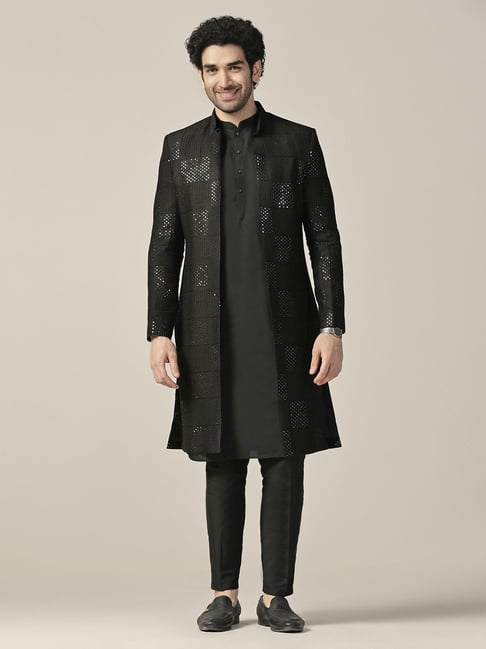 Kisah Black Regular Fit Embellished Sherwani Set