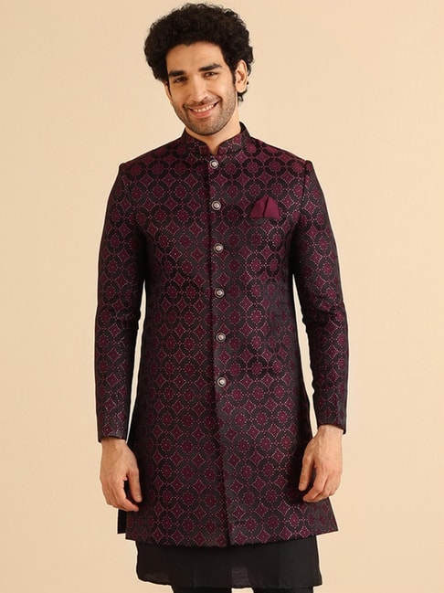 Kisah Maroon Regular Fit Printed Sherwani Jacket