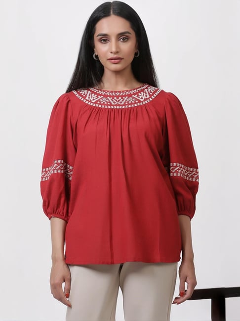 W Red Embroidered Top