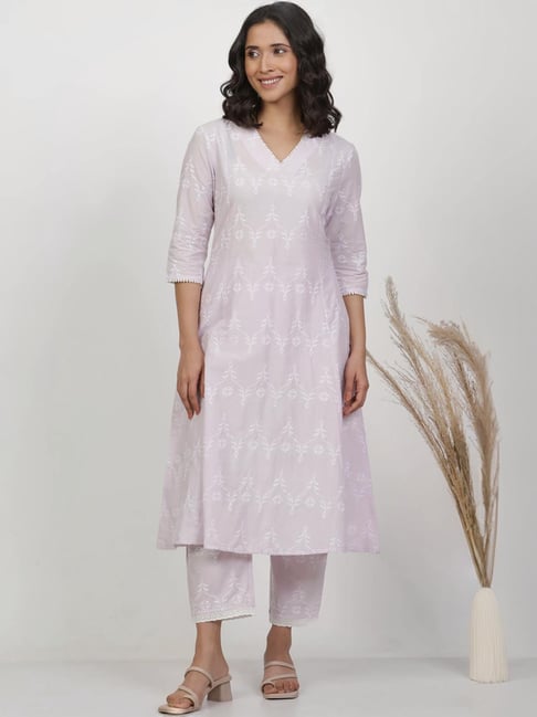 W Lilac Cotton Embroidered A Line Kurta-picture-10