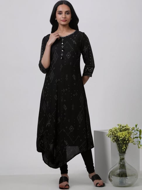 W Black Printed Kurta Leggings Set