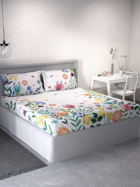 Ddecor Live beautiful Little Brats White 144 TC Cotton Queen Bedsheet with 2 Pillow Covers-picture-34