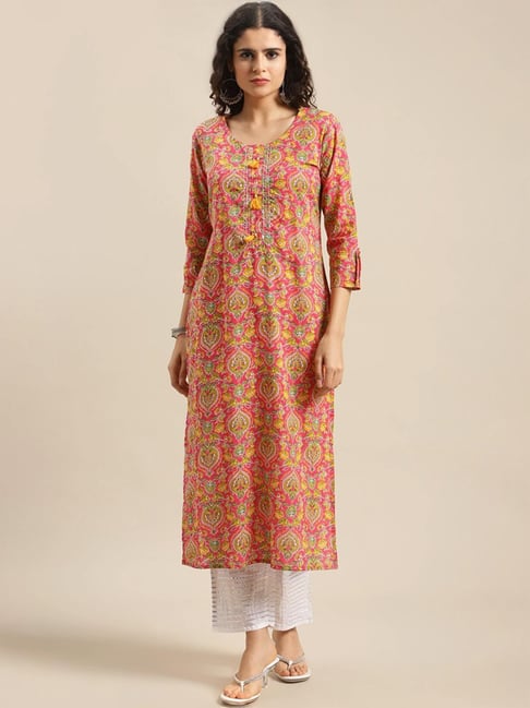 Varanga Pink Cotton Floral Print Straight Kurta-picture-27