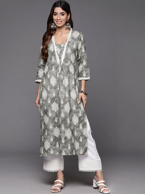 Varanga Grey Cotton Printed Straight Kurta-picture-16