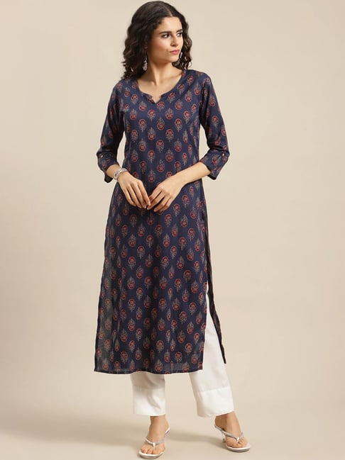 Varanga Navy Cotton Floral Print Straight Kurta-picture-11