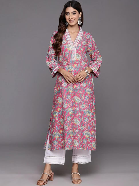 Varanga Pink Cotton Floral Print Straight Kurta-picture-26