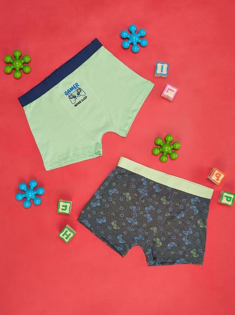 Pantaloons Junior Kids Green & Grey Cotton Printed Trunk (Pack of 2)