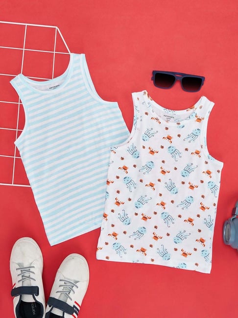 Pantaloons Junior Kids Blue & White Cotton Printed Vest (Pack of 2)