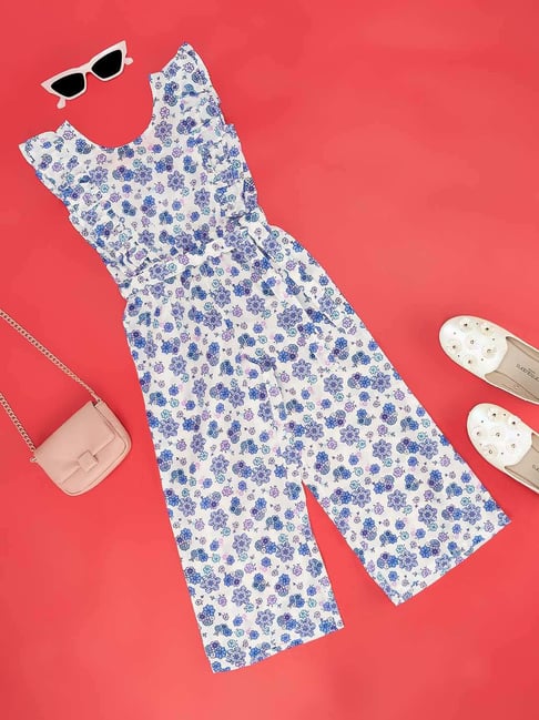 YU by Pantaloons Kids White & Blue Floral Print Jumpsuit
