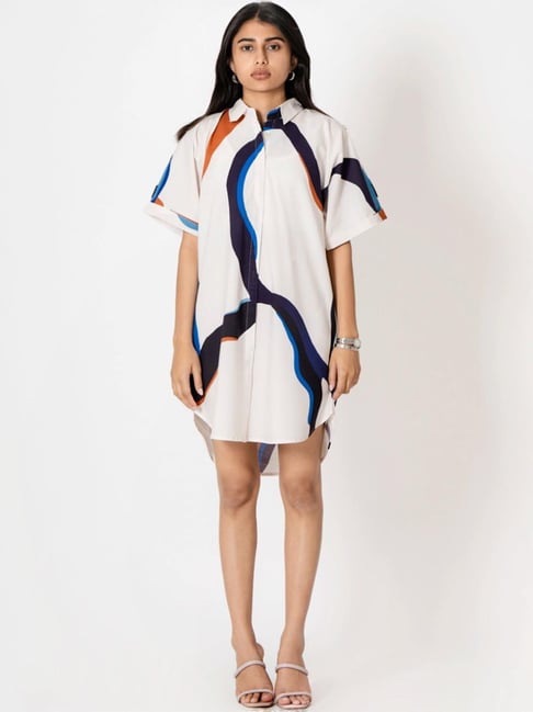Kameez by Pooja White Capsule 24 Wavy Digital Print Modal Cotton Shirt Dress-picture-41