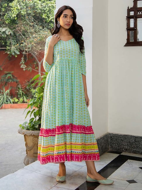 Janasya Blue Cotton Floral Print Maxi Dress