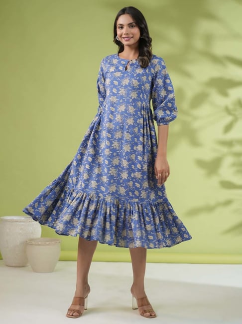 Janasya Blue Cotton Floral Print A-Line Dress