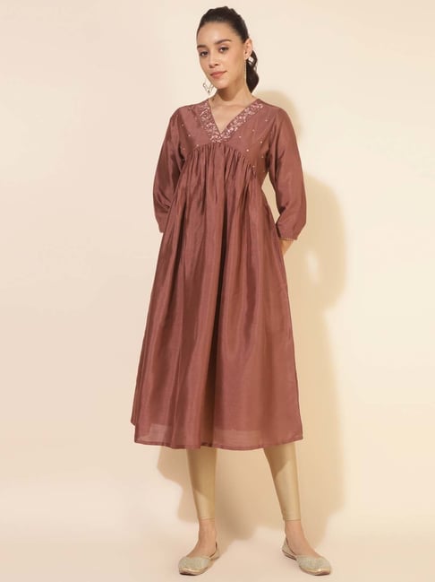 Janasya Brown Embroidered A Line Kurta-picture-37