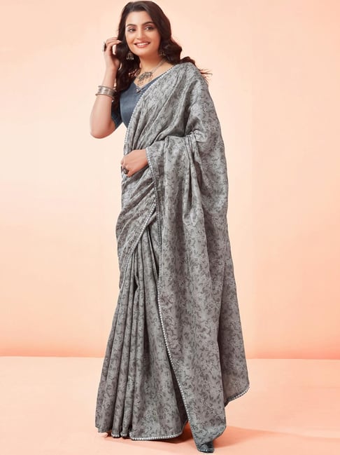 Satrani Grey Printed Saree With Unstitched Blouse-image-17