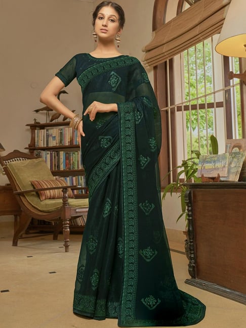 satrani green embroidered saree with unstitched blouse