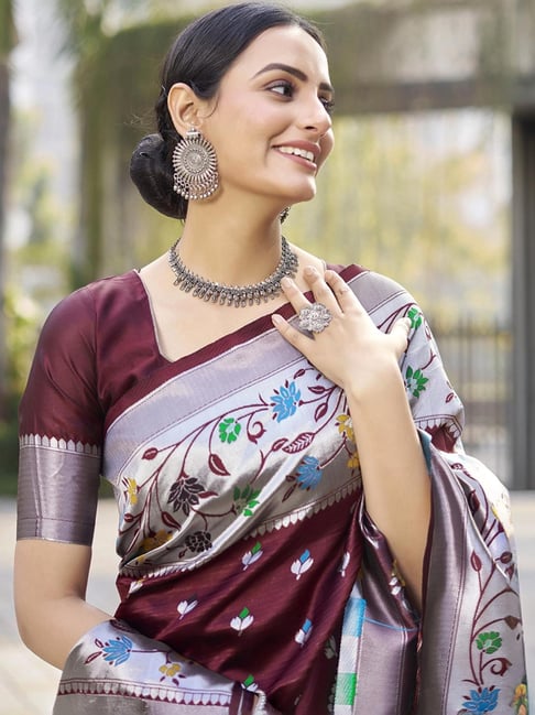 Satrani Maroon Silver Woven Saree With Unstitched Blouse - Main Image