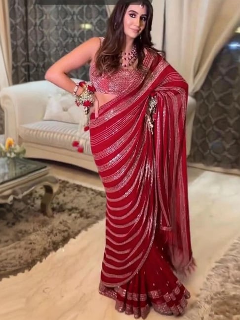 Satrani Red Embroidered Saree With Unstitched Blouse-picture-13