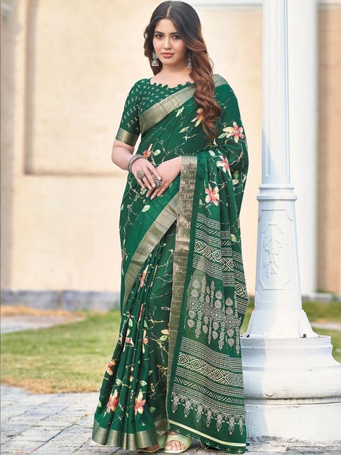 Satrani Green Silk Printed Saree With Unstitched Blouse-picture-34