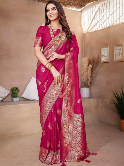 Buy Satrani Hot Pink Woven Saree With Unstitched Blouse for Women