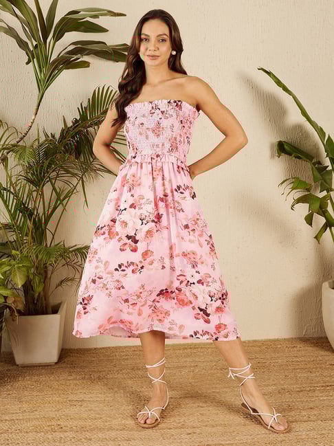 Rare Pink Brown Floral Print Midi Dress