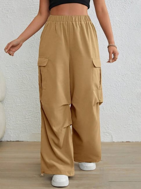 BROADSTAR Women Beige Relaxed Fit Parachute Pants