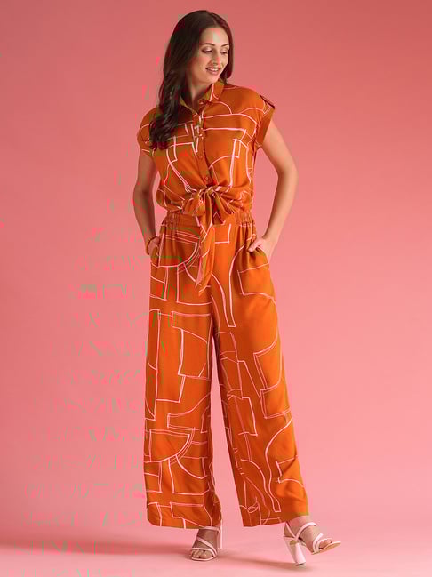 Globus Brown White Printed Jumpsuit
