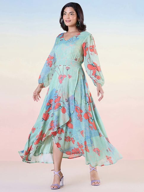 navyasa by liva Blue & Green Printed A Line Dress