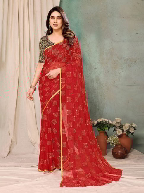 FABMORA Red Chiffon Embellished Saree With Unstitched Blouse-picture-33