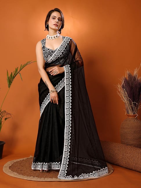 FABMORA Black Net Embroidered Saree With Unstitched Blouse
